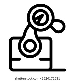 Robotic arm is using a magnifying glass to analyze data from a laptop, symbolizing artificial intelligence and data analysis