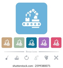Robotic arm white flat icons on color rounded square backgrounds. 6 bonus icons included