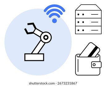 Robotic arm with wireless, server stack, and wallet with credit card representing connections between technology. Ideal for automation, IoT, fintech, data storage, robotics, smart devices future
