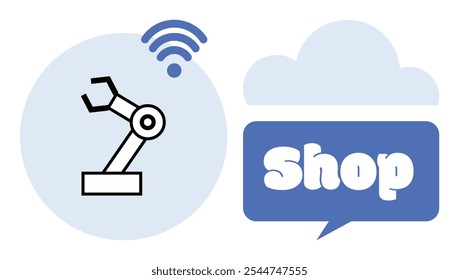 Robotic arm with wireless signal next to a cloud with Shop text in a speech bubble. Ideal for technology, automation, online shopping, smart devices, and cloud storage. Simplistic modern style