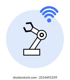 A robotic arm within a circular light blue background and a blue wireless connection signal symbol. Themes include automation, technology, wireless connectivity, robotics, and innovation.