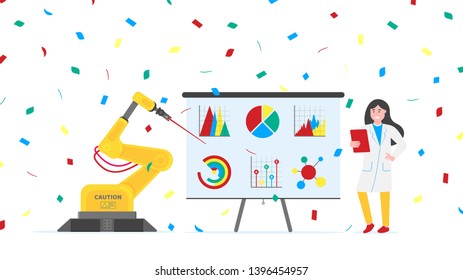 Robotic arm and woman worker flat style design vector illustration isolated on white background. Robot arm or hand do report on flip chart infographics. Modern smart industry 4.0 technology.