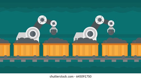 Robotic arm working in a coal mine. Robotic arm loading coal in trolleys in a coal mine. Concept of the use of robotic technology in mine industry. Vector flat design illustration. Horizontal layout.