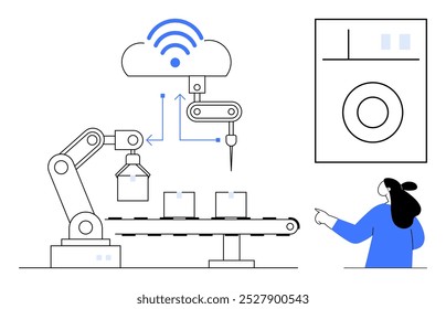 Braço robótico trabalhando em uma linha de montagem com símbolo de conectividade de nuvem, supervisionado por uma pessoa. Ideal para automação de fábrica, tecnologia na fabricação, sistemas industriais inteligentes, força de trabalho