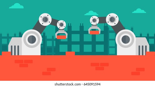 Robotic arm working on the construction site. Robotic arm building brick wall. Concept of the use of robotic technologies in construction industry. Vector flat design illustration. Horizontal layout.