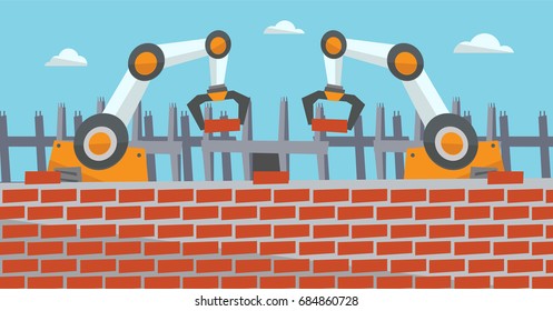 Brazo robótico trabajando en la construcción. Rascacielos con un brazo robótico. Concepto del uso de tecnologías robóticas en la industria de la construcción. Ilustración de diseño plana vectorial. Diseño horizontal.