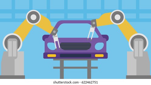Robotic arm working on a conveyor for assembly of cars. Robotic arm welding car in a production line. Robotic arm assembling car in assembly shop. Vector flat design illustration. Horizontal layout.