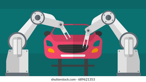Robotic arm working on a conveyor for assembly of cars. Robotic arm welding car in a production line. Robotic arm assembling car in assembly shop. Vector flat design illustration. Horizontal layout.