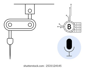 Robotic arm working with precision tool, cryptocurrency symbol resembling a circuit with a Bitcoin logo, and a podcasting microphone. Ideal for technology, automation, digital finance, media