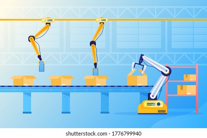 The robotic arm works on the conveyor. Automated production line. Automatic product packaging. Artificial Intelligence. Industry 4.0. Futuristic technology at the factory. Flat Vector Illustration