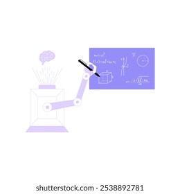 Robotic Arm Writing Formulas In Flat Vector Illustration Symbolizing Automation, Education, And AI Innovation, Isolated On White Background.