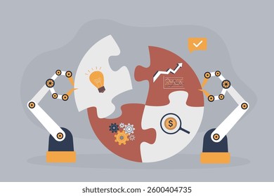 Robotic arms assemble colorful puzzle, robots solve complex problem. Ai teamwork, manufacturing machines. Artificial intelligence team help human solving business tasks. flat vector illustration