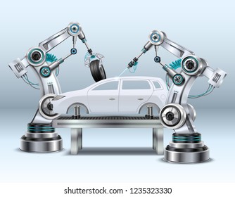 Robotic arms in car assembly line manufacturing process in automotive industry realistic composition closeup image vector illustration