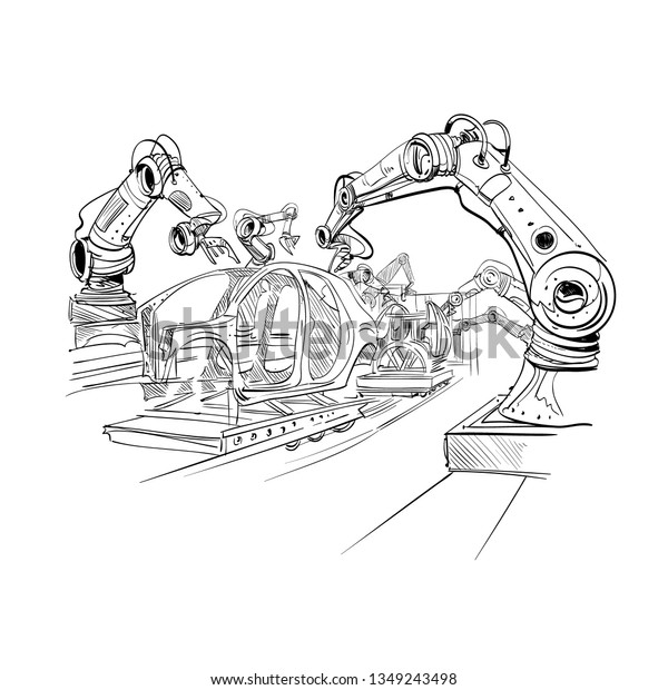 Robotic arms
collect cars in the factory. Automobile production of the future.
Hand drawn vector illustration.
