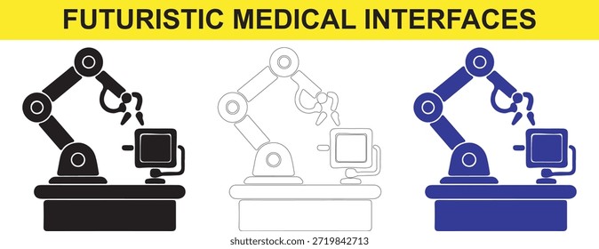Brazos robóticos con monitores de computadora en la mesa futurista equipo médico