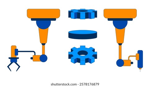 Robotic arms and gears 2D cartoon objects set. Manufacturing industrial parts, automation systems, cogwheels isolated elements flat vector cliparts on white background. Spot illustrations collection