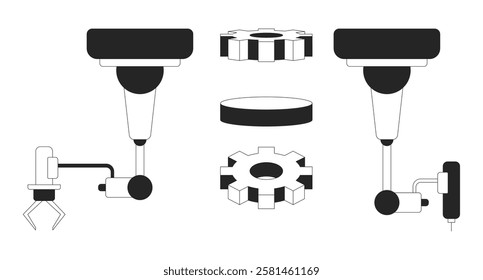 Robotic arms and gears black and white 2D line objects set. Manufacturing industrial parts, automation systems, cogs isolated clip arts vector outline items collection. Monochrome spot illustrations