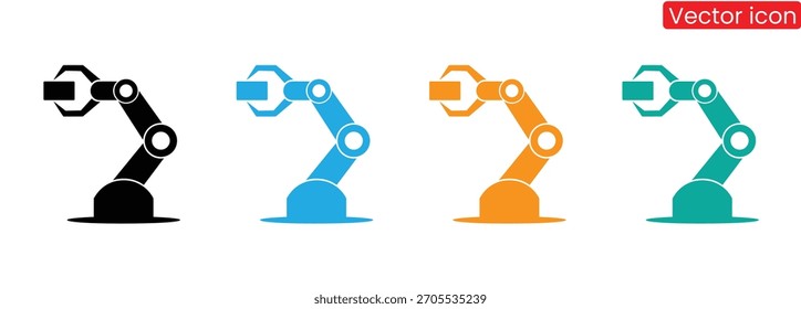 Braços robóticos segurando caixas oferecem tecnologia de automação industrial moderna, Conjuntos de robôs coloridos ícone de rosto sorridente. Robôs de ajuda bonitinhos futuristas em estilo moderno.