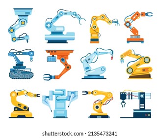 Brazos robóticos, brazo industrial manipulador, máquina de robots. Manipuladores de fábrica, manos mecánicas automatizadas, robots ensambladores conjunto de vectores. Equipos para la fabricación e ingeniería