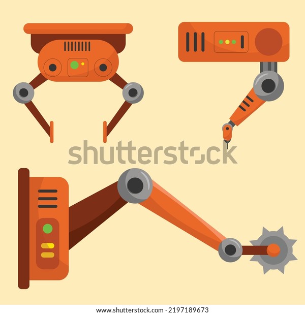 Robotic arms of
machines on factory technological. Vector illustrations of robot
arms for manufacture in flat
design