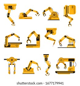 Robotic Arms. Manufacturing Industry Mechanical Robot Arm, Machinery Technology, Factory Machine Hands Isolated Vector Illustration Set. Mechanical Robotic Arm, Hand Engineering Robot Set