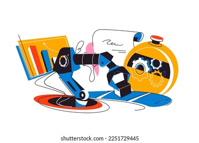 Robotic arms, mechanic manipulator or robotic equipment vector illustration. Manufacturing conveyor machine. Automatic assembly and packaging and industry production machinery