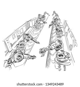 Robotic arms on the conveyor line. Hand drawn vector illustration. 