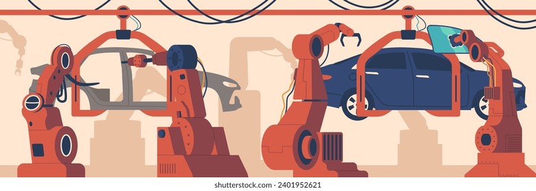 Robotic Arms On A Factory Conveyor, Skillfully Assembling Cars With Mechanical Grace. Metal Robotic Fingers