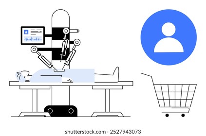Robotic arms performing surgery on a patient lying on an operating table with a medical monitor in the background. Nearby are user profile and shopping cart symbols. Ideal for healthcare, technology