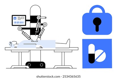 Braços robóticos realizando cirurgia em um paciente com monitor médico. Caixas de fechadura e pílulas representam segurança e medicação. Ideal para serviços de saúde, tecnologia, robótica, segurança cibernética e produtos farmacêuticos