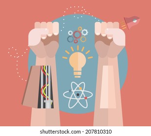 Robotic arms with science icons on red background