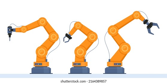 Robotic arms set. Manufacturing automation technology. Industrial tools mechanical robot arm machine hydraulic equipment automotive. Factory assembly robots conveyo. Isolated flat vector illustration