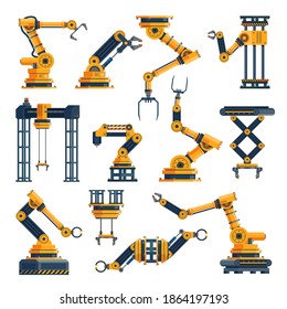 Robotic arms. Technological factory equipments elements, automatic electronic manipulators packaging or manufacturing system, robotic technology collection, mechanical tools. Vector flat isolated set