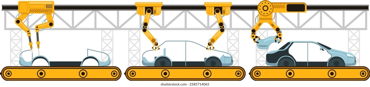 Robotic arms welding and assembling car body parts on an assembly line illustrate the automation process within a car factory, highlighting advancements in manufacturing technology