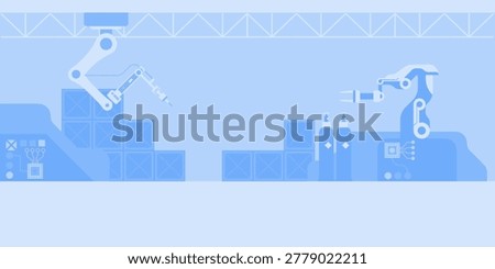 Robotic arms working on automated production line inside smart factory environment. High technology industry concept robotics engineering, digital manufacturing systems and automation