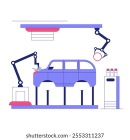 Robotic Arms Working On Car Frame In Flat Vector Illustration Symbolizing Automated Manufacturing, Robotics, And Innovation, Isolated On White Background