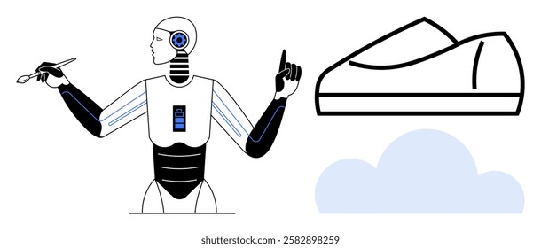 Robotic artist holding a brush while pointing, showcasing a futuristic shoe design and a cloud. Ideal for tech innovation, automation, art, fashion, AI, creative tools, futuristic themes. Line