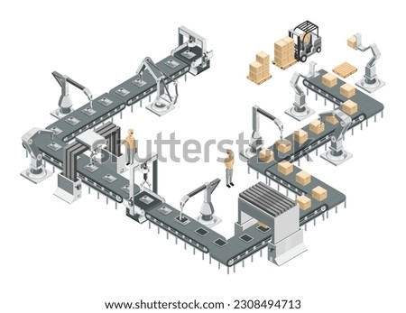 Robotic assembly line in an automated factory. Conveyor system and robotic arms. Isometric vector illustration.
