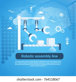 Robotic Assembly Line Web Banner With Copy Space On Blue Background Vector Illustration