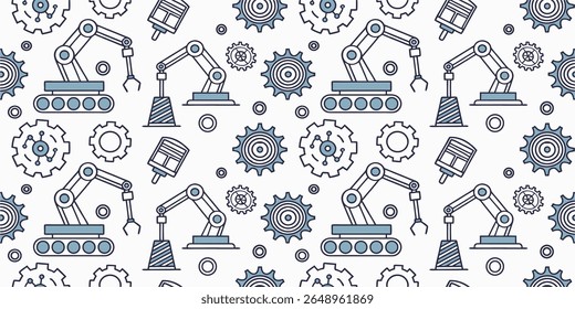 Fundo industrial de pixel de montagem robótica, padrão perfeito.Fundo de pixel especializado demonstrando processos de montagem robótica. Inclui elementos de robôs industriais, estações automatizadas  