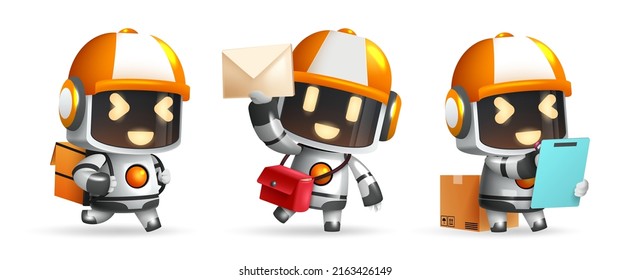 Robotic assistant characters vector set. Robots ai characters holding bags, mail and checklist for friendly delivery robot collection design. Vector illustration.
