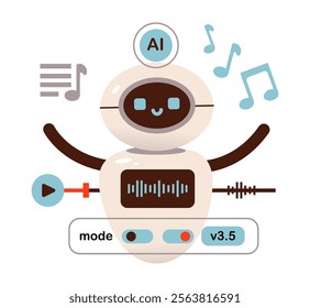 Robotic assistant composing music. AI-powered music system generating melodies. AI technology concept. Flat vector illustration.