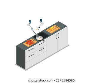 Robotic assistant innovation technology artificial intelligence concept modern kitchen isometric 3d vector
