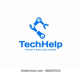 Robotic assistant logo design. People and artificial intelligence cooperation vector design. Industrial robot manipulator logotype