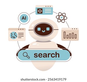 Robotic assistant showcasing AI-powered search and learning systems. Technology and innovation. Flat vector illustration.