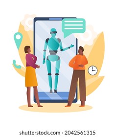 Robotic assistant in smartphone concept. Man and woman ask questions to artificial intelligence. Automated user support service. Cartoon modern flat vector illustration isolated on white background