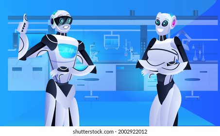 robotic assistants couple discussing in clinic surgery room medicine healthcare artificial intelligence technology