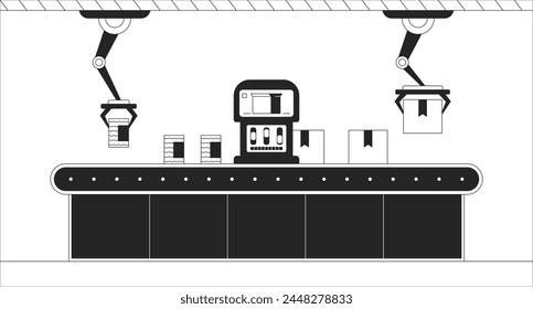 Robotic automation black and white line illustration. Robot arms manufacturing 2D interior monochrome background. Industry 4 0. Factory assembly line boxes packaging outline scene vector image