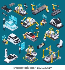 Robotic automation in electric vehicle production isometric set with conveyor belts assembly battery charge testing vector illustration 