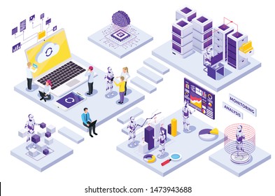 Robotic Automation Isometric Composition With People Working With Robots On White Background 3d Vector Illustration